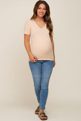 Beige Ribbed V-Neck Maternity Top