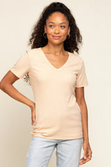 Beige Ribbed V-Neck Maternity Top