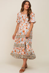 Cream Floral Puff Sleeve Tiered Maternity Midi Dress