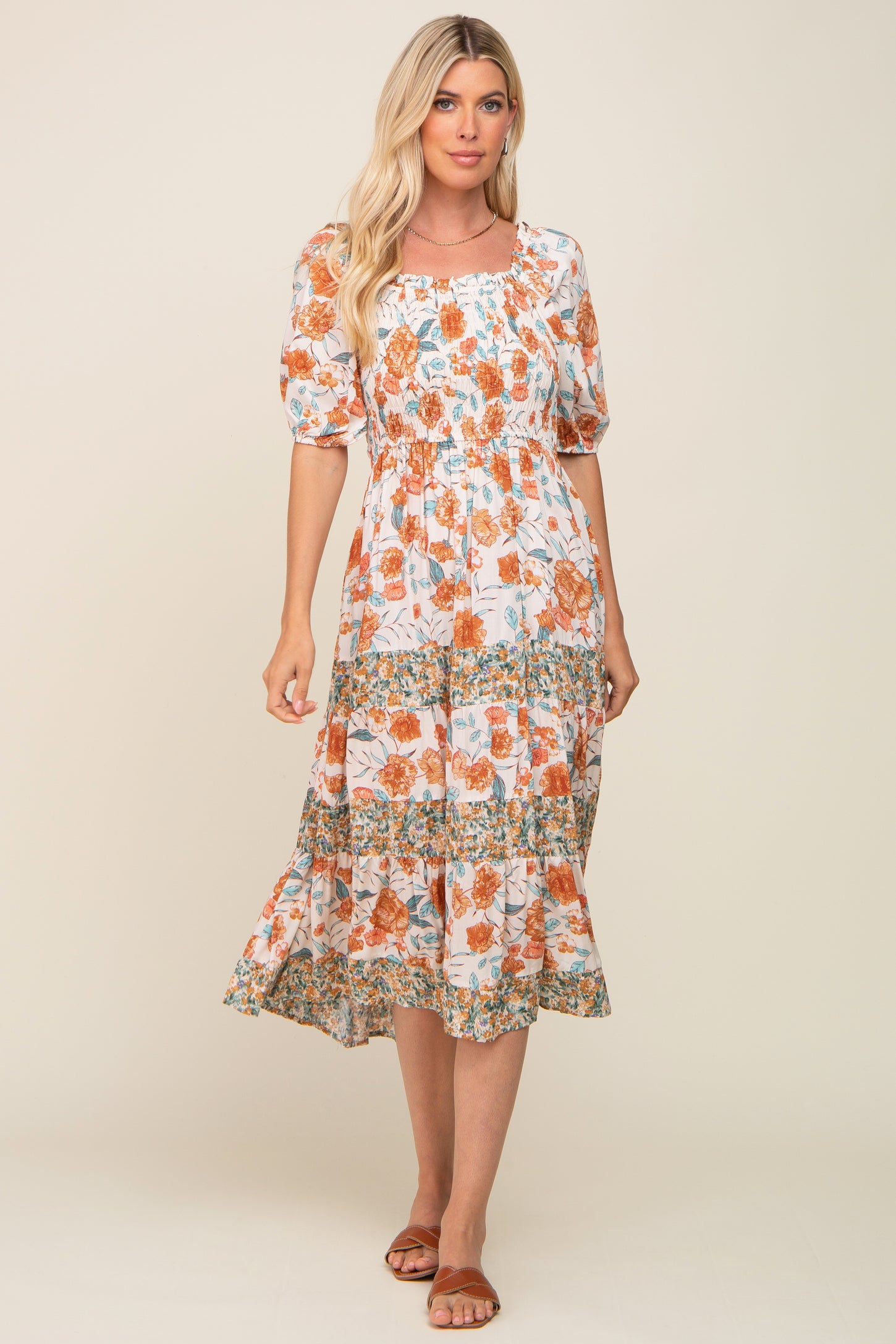 Cream Floral Puff Sleeve Tiered Midi Dress