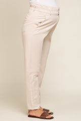 Beige Smocked Waist Straight Leg Maternity Jeans