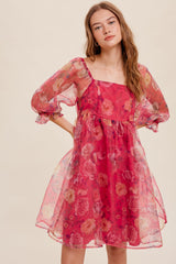 Pink Floral Organza Square Neck Babydoll Dress