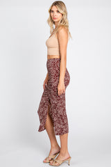 Burgundy Dot Print Ruched Slit Skirt