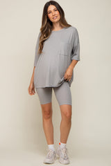 Heather Grey Ribbed Biker Short Maternity Sleep Set