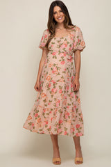 Pink Floral Button Puff Sleeve Maternity Midi Dress