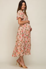 Pink Floral Button Puff Sleeve Maternity Midi Dress