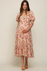 Pink Floral Button Puff Sleeve Maternity Midi Dress