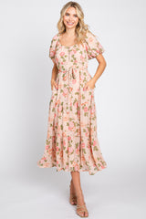 Pink Floral Button Puff Sleeve Maternity Midi Dress