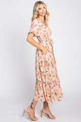Pink Floral Button Puff Sleeve Midi Dress