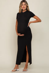 Black Mock Neck Front Slit Short Sleeve Maternity Maxi Dress