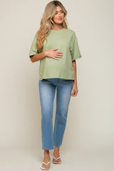 Light Green Basic Rolled Short Sleeve Maternity T-Shirt