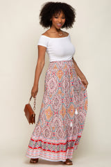 Red Printed Smocked Waist Maxi Skirt