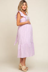 Lavender Floral Embroidered Tie Back Maternity Midi Dress