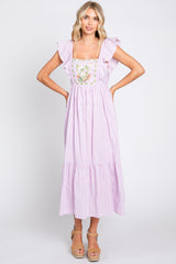 Lavender Floral Embroidered Tie Back Maternity Midi Dress