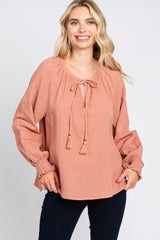 Mauve Tie Front Long Sleeve Maternity Blouse