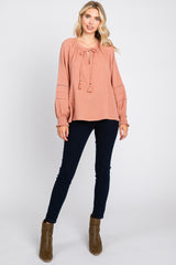 Mauve Tie Front Long Sleeve Blouse