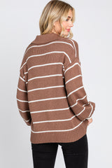 Brown Striped V-Neck Collared Sweater