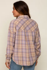 Lavender Plaid Button Up Raw Edge Maternity Flannel Top