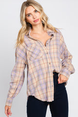 Lavender Plaid Button Up Raw Edge Flannel Top