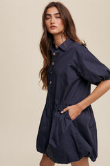 Navy Button Front Bubble Mini Dress