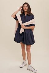 Navy Button Front Bubble Mini Dress