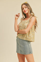 Golden Yellow Floral Floral Button Down Tie Strap Tank