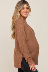 Mocha Chunky Knit Side Slit Maternity Sweater