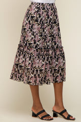 Black Floral Plisse Ruffle Accent Midi Skirt