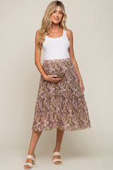 Mocha Floral Plisse Ruffle Accent Maternity Midi Skirt