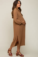 Camel Button Down Collared Maternity Maxi Dress