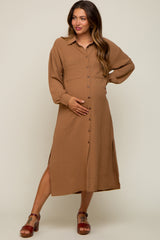 Camel Button Down Collared Maternity Maxi Dress