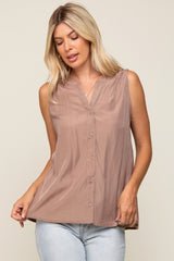 Mocha Sleeveless Front Button Top