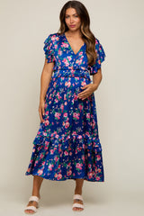 Royal Blue Floral Satin Ruffle Maternity Midi Dress