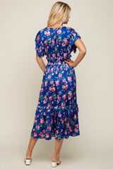 Royal Blue Floral Satin Ruffle Midi Dress