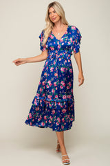 Royal Blue Floral Satin Ruffle Midi Dress