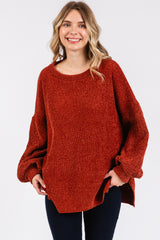 Rust Chenille Knit Balloon Sleeve Sweater