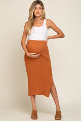 Camel Ribbed Side Slit Sweater Maternity Midi Skirt