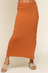 Camel Ribbed Side Slit Sweater Midi Skirt