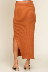 Camel Ribbed Side Slit Sweater Midi Skirt