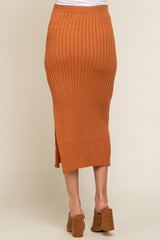 Camel Ribbed Side Slit Sweater Maternity Midi Skirt