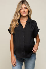 Black Satin Button Front Collared Short Sleeve Maternity Top