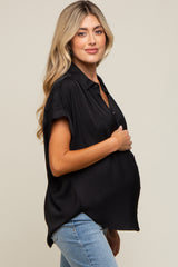 Black Satin Button Front Collared Short Sleeve Maternity Top