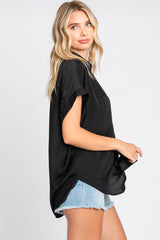 Black Satin Button Front Collared Short Sleeve Top