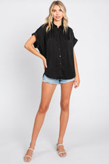 Black Satin Button Front Collared Short Sleeve Top