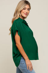 Forest Green Satin Button Front Collared Short Sleeve Maternity Top