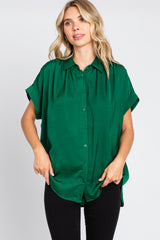 Forest Green Satin Button Front Collared Short Sleeve Maternity Top