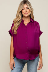 Magenta Satin Button Front Collared Short Sleeve Maternity Top