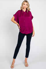 Magenta Satin Button Front Collared Short Sleeve Top