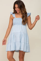 Light Blue Sleeveless Ruffle Tiered Maternity Dress