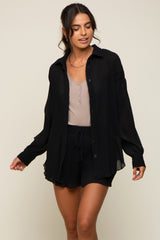 Black Pleated Long Sleeve Short Set